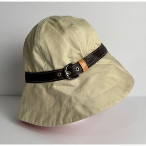 Coach Womens Unisex Beige‎ Tan Bucket Hat with Brown Leather Trim Medium Large